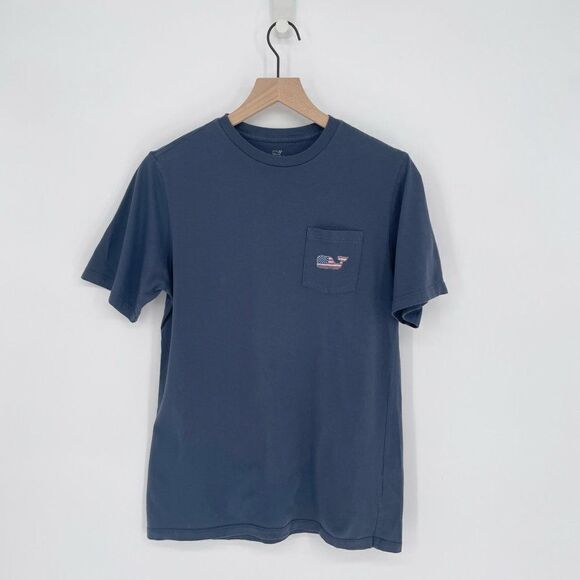 Vineyard Vines Flag Short Sleeve Pocket Tee Cotton Blue Kids 18 / XL 4th of July - Picture 1 of 6